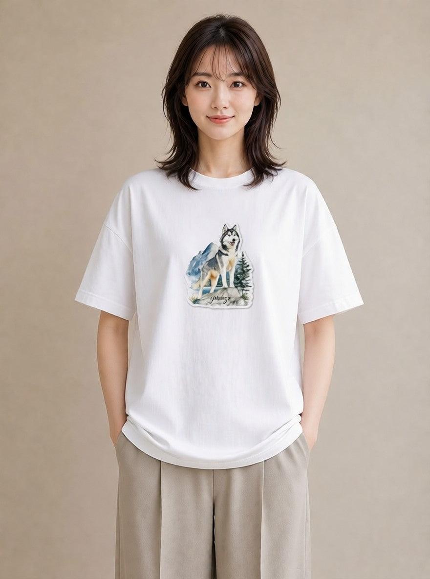 デザインTシャツ レディース シベリアンハスキー 犬 いぬ イラスト 手描き風 ギフト 母の日 白T
