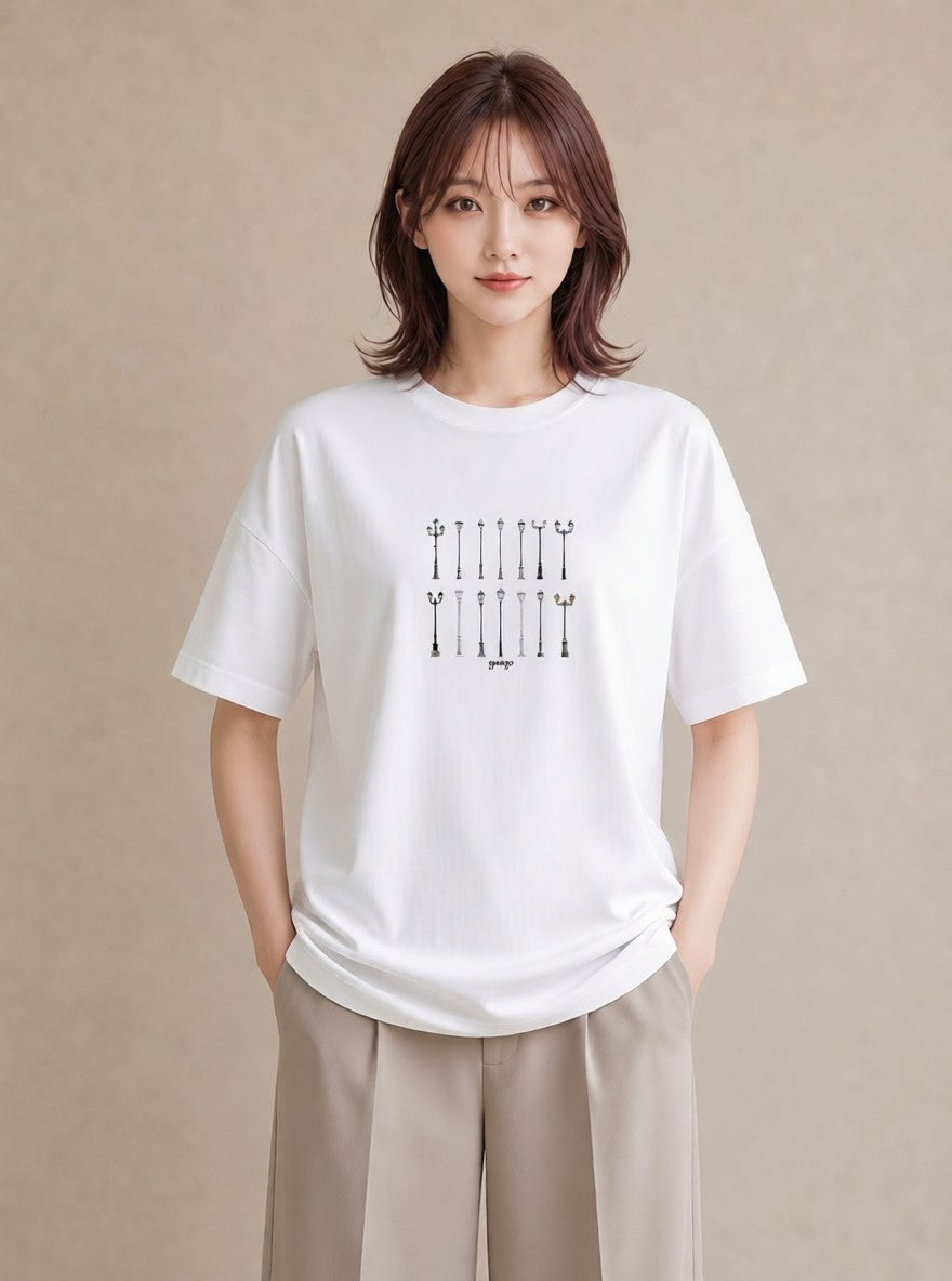Tシャツ レディース 街灯 夜霧 夜 ナチュラル アンティーク イラスト きれいめカジュアル 夏コーデ 通学 白T