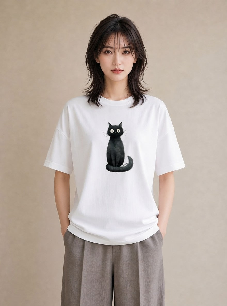 デザインTシャツ レディース 黒猫 猫 ねこ イラスト ナチュラル ママ カフェ服 白T