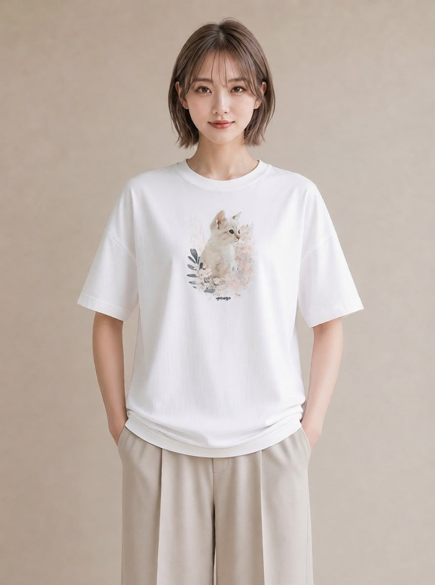 プリントTシャツ レディース シャム柄 猫 ねこ イラスト シンプル 女性向けギフト 散歩 白T