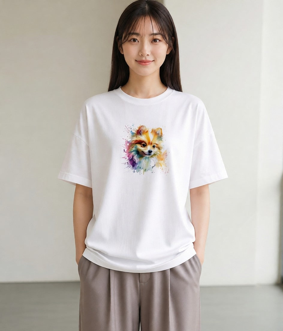 プリントTシャツ レディース ポメラニアン ポメ 犬 いぬ イラスト 淡色 お出かけ 普段着 白T