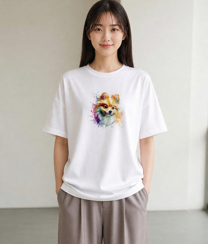 プリントTシャツ レディース ポメラニアン ポメ 犬 いぬ イラスト 淡色 お出かけ 普段着 白T