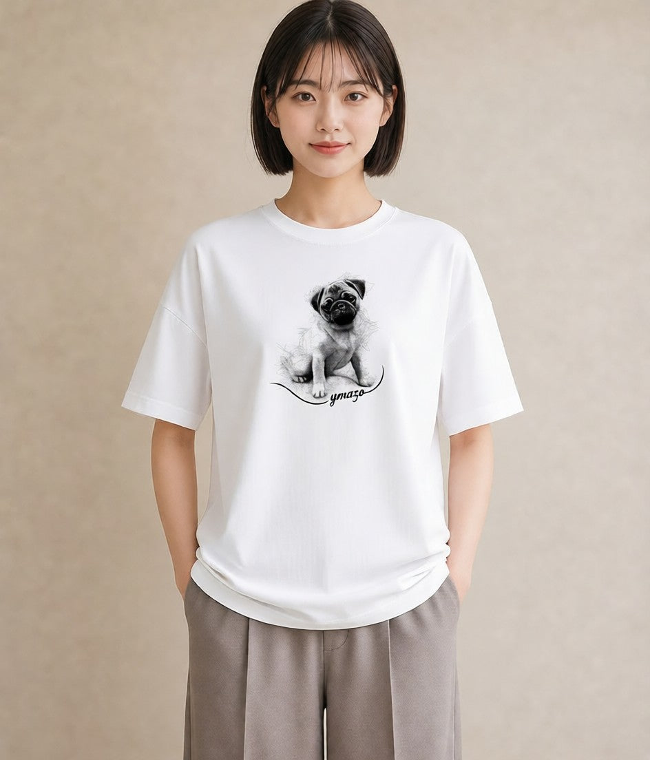 半袖Tシャツ レディース パグ 犬 いぬ イラスト ミニマル 散歩 お出かけ 白T