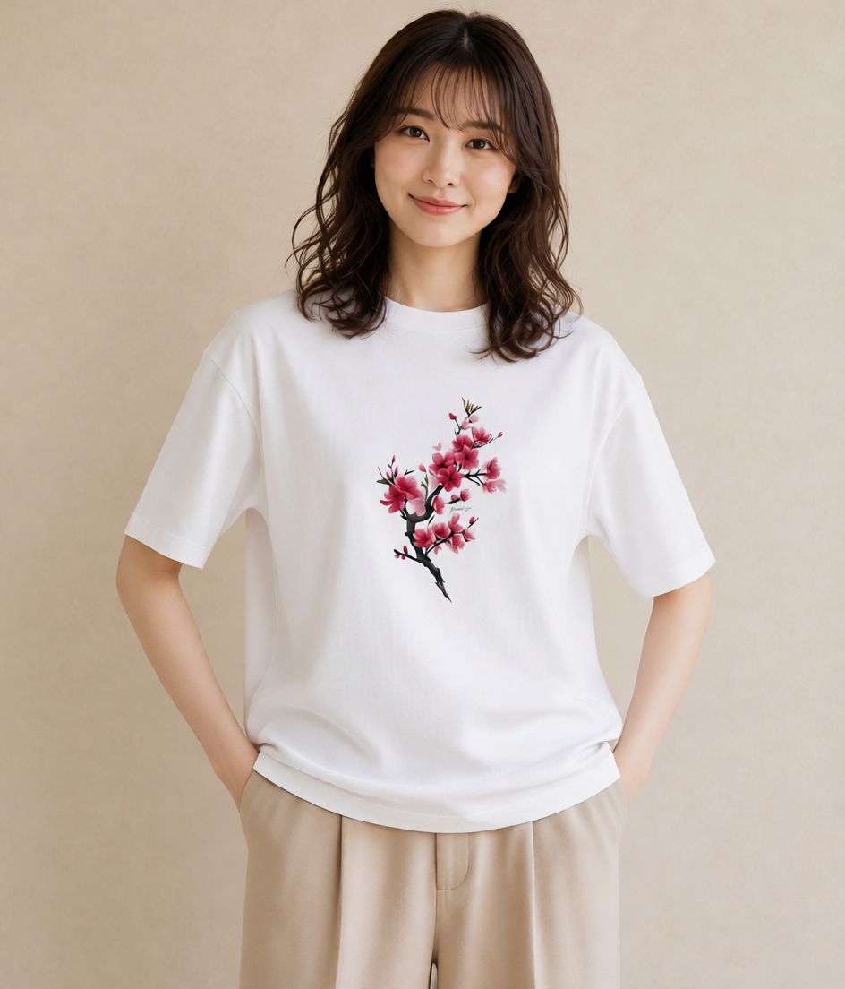 半袖Tシャツ レディース 梅 花 花柄 イラスト 週末コーデ 敬老の日 白T