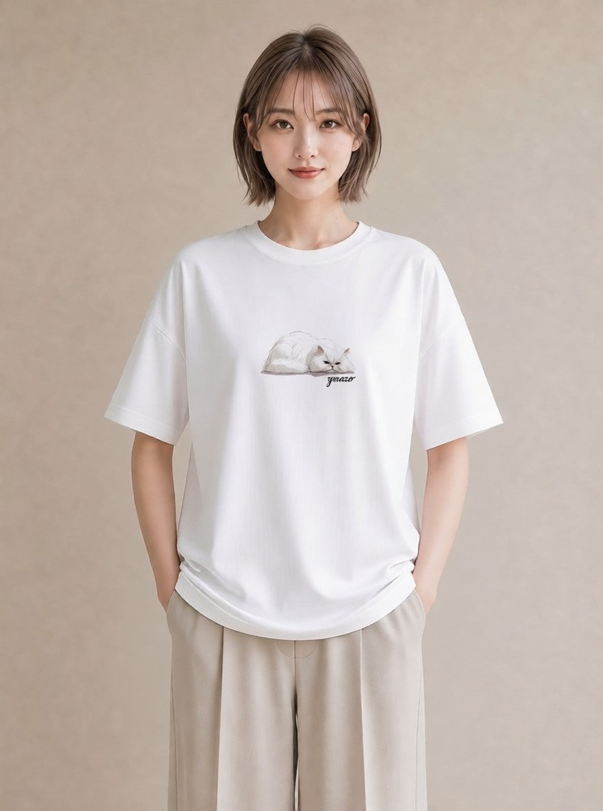 デザインTシャツ レディース スコティッシュフォールド 猫 ねこ イラスト 母の日 ビーチ 白T