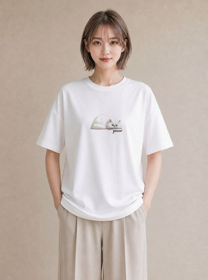 デザインTシャツ レディース スコティッシュフォールド 猫 ねこ イラスト 母の日 ビーチ 白T