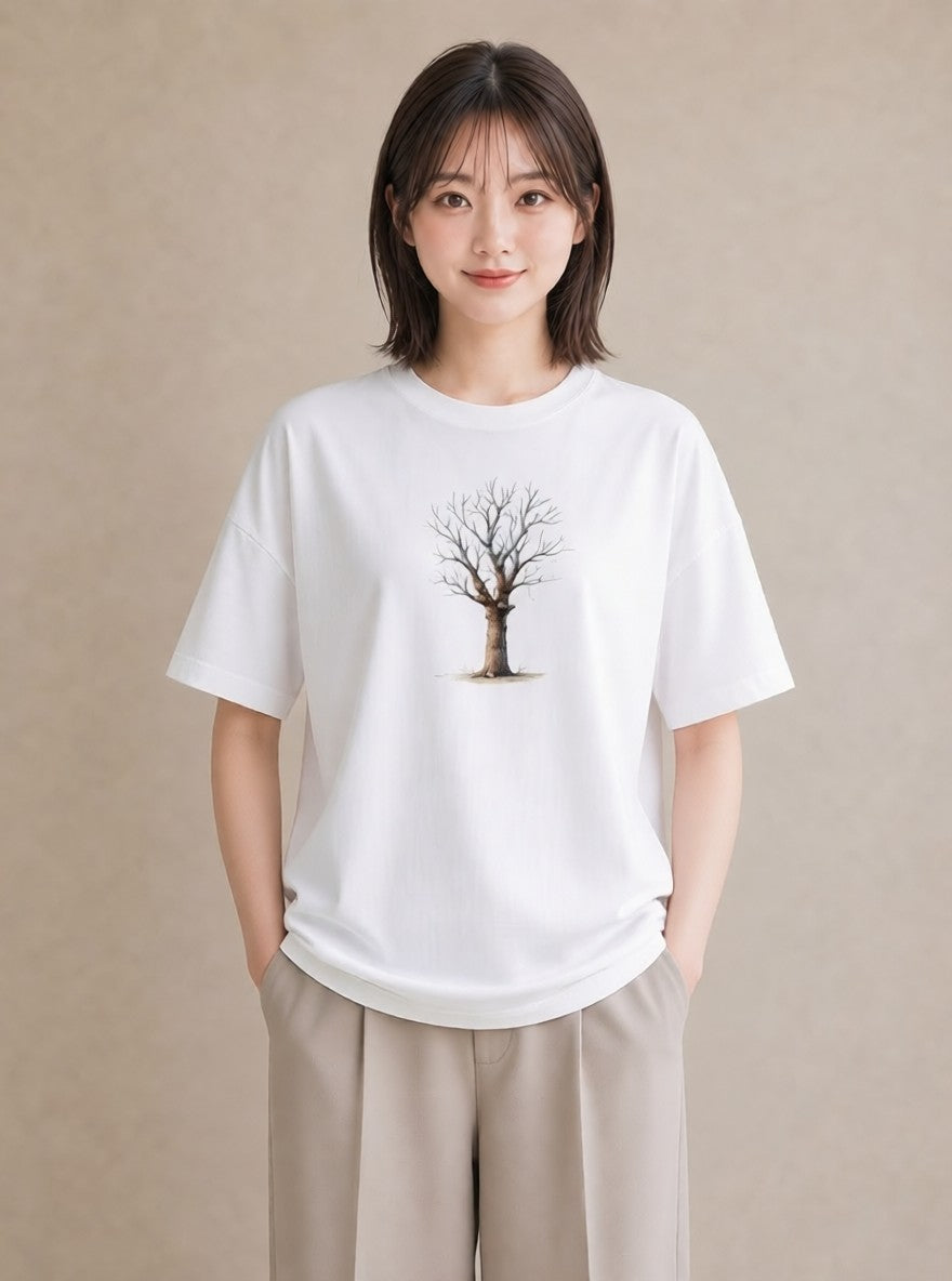 半袖Tシャツ レディース 木 植物 ボタニカル イラスト ラフカジュアル 海 カフェ巡り 白T