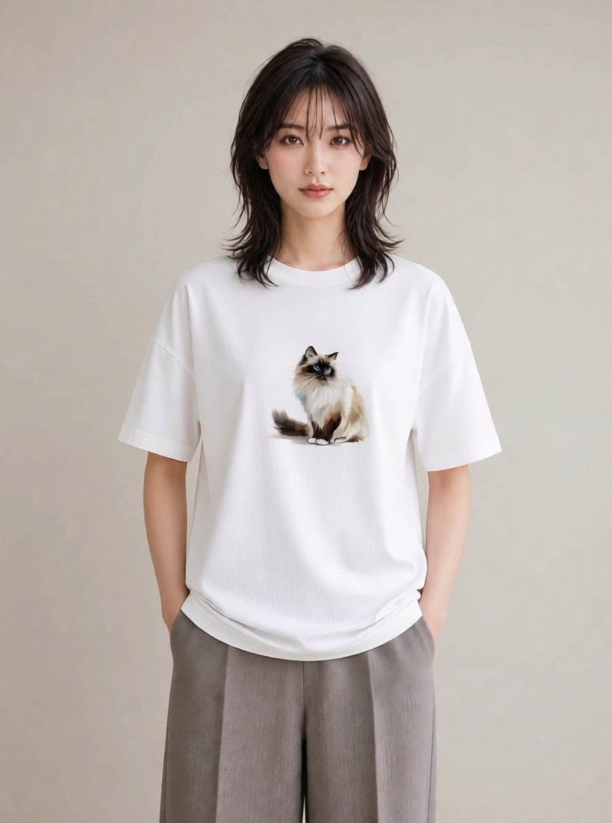 プリントTシャツ レディース おすわり猫 猫 ねこ イラスト フェミニン 普段着 週末コーデ 白T