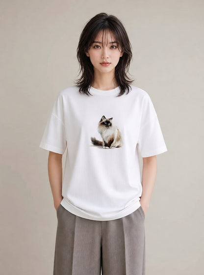 プリントTシャツ レディース おすわり猫 猫 ねこ イラスト フェミニン 普段着 週末コーデ 白T