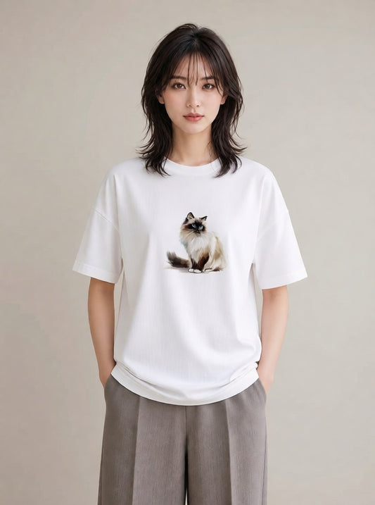 プリントTシャツ レディース おすわり猫 猫 ねこ イラスト フェミニン 普段着 週末コーデ 白T