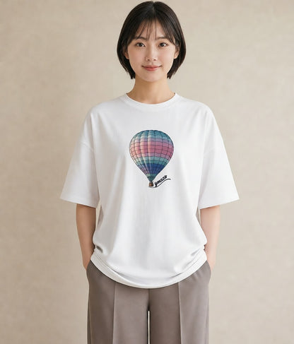 デザインTシャツ レディース 気球 星空 宇宙 イラスト 北欧風 デイリーウェア 休日 白T