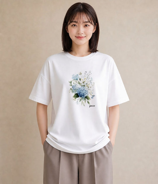 Tシャツ レディース あじさい 紫陽花 アジサイ 花 花柄 イラスト こなれ感 帰省 ラフ 白T