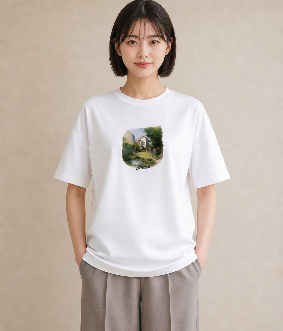 半袖Tシャツ レディース 雨上がりのベンチ ベンチ ナチュラル アンティーク イラスト 水彩風 お出かけ 普段着 白T