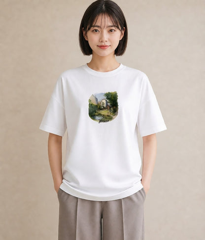 半袖Tシャツ レディース 雨上がりのベンチ ベンチ ナチュラル アンティーク イラスト 水彩風 お出かけ 普段着 白T