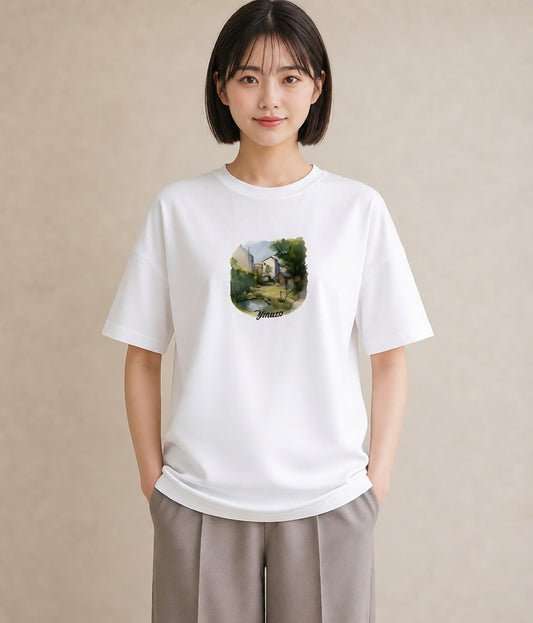 半袖Tシャツ レディース 雨上がりのベンチ ベンチ ナチュラル アンティーク イラスト 水彩風 お出かけ 普段着 白T