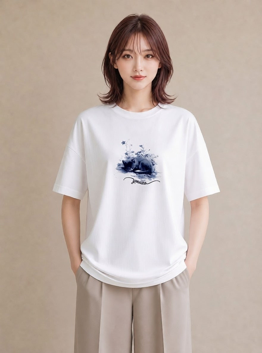 プリントTシャツ レディース ロシアンブルー 猫 ねこ イラスト 北欧風 普段着 週末コーデ 白T