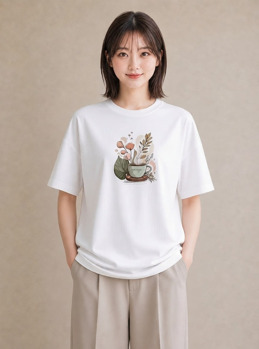Tシャツ レディース 紅茶 食べ物 フード イラスト きれいめカジュアル お出かけ 普段着 白T