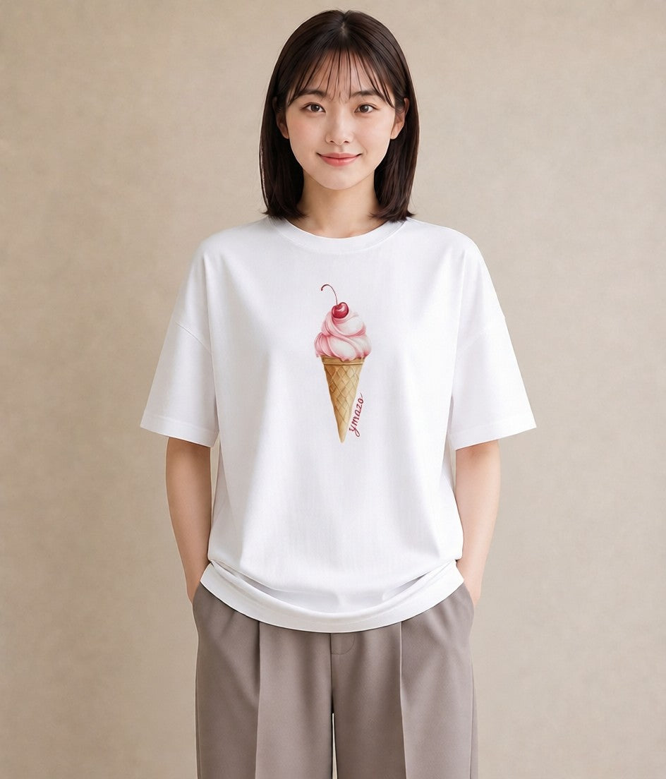 グラフィックTシャツ レディース ソフトクリーム 食べ物 フード イラスト きれいめカジュアル 敬老の日 ホワイトデー 白T