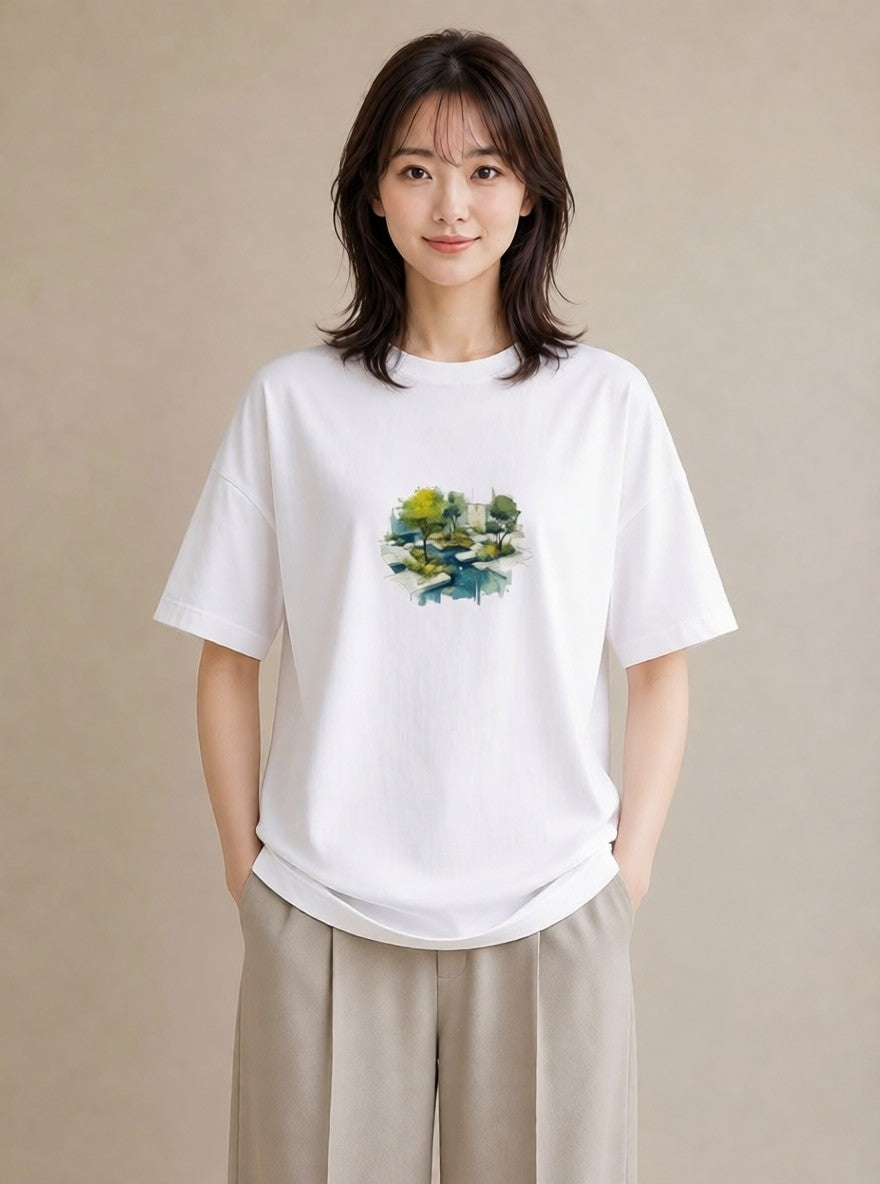 プリントTシャツ レディース 雨上がりのベンチ ベンチ ナチュラル アンティーク イラスト 可愛い 散歩 お出かけ 白T