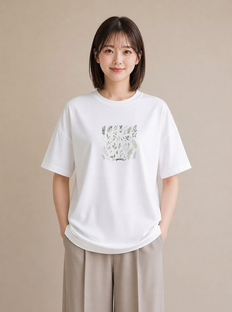 グラフィックTシャツ レディース ボタニカル 植物 イラスト カフェコーデ カジュアルコーデ 買い物 白T
