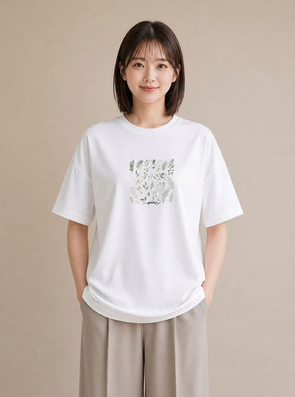 グラフィックTシャツ レディース ボタニカル 植物 イラスト カフェコーデ カジュアルコーデ 買い物 白T