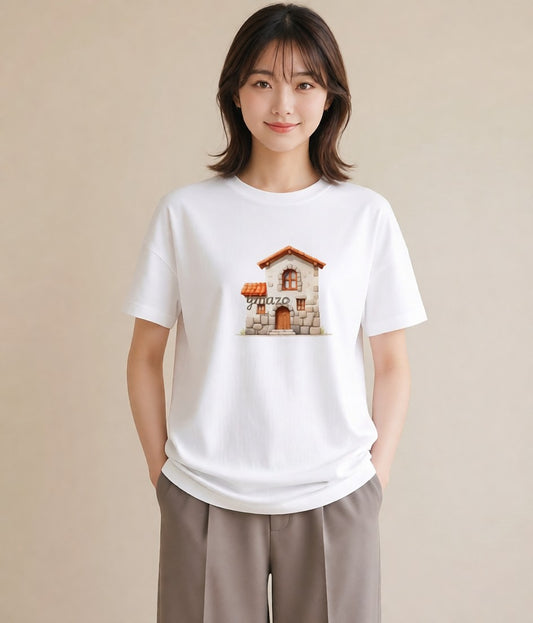 半袖Tシャツ レディース 湖畔の小屋 湖 小屋 ナチュラル アンティーク イラスト ボタニカル ミセス 春コーデ 白T