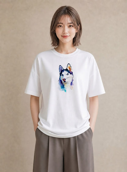 プリントTシャツ レディース シベリアンハスキー 犬 いぬ イラスト きれいめ 女子会 お揃い 白T