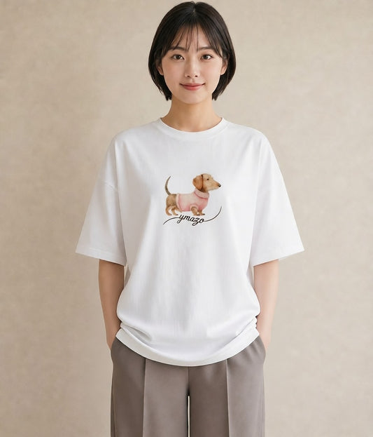 Tシャツ レディース ミニチュアダックスフンド 犬 いぬ イラスト ナチュラル 友達ギフト 部屋着 白T