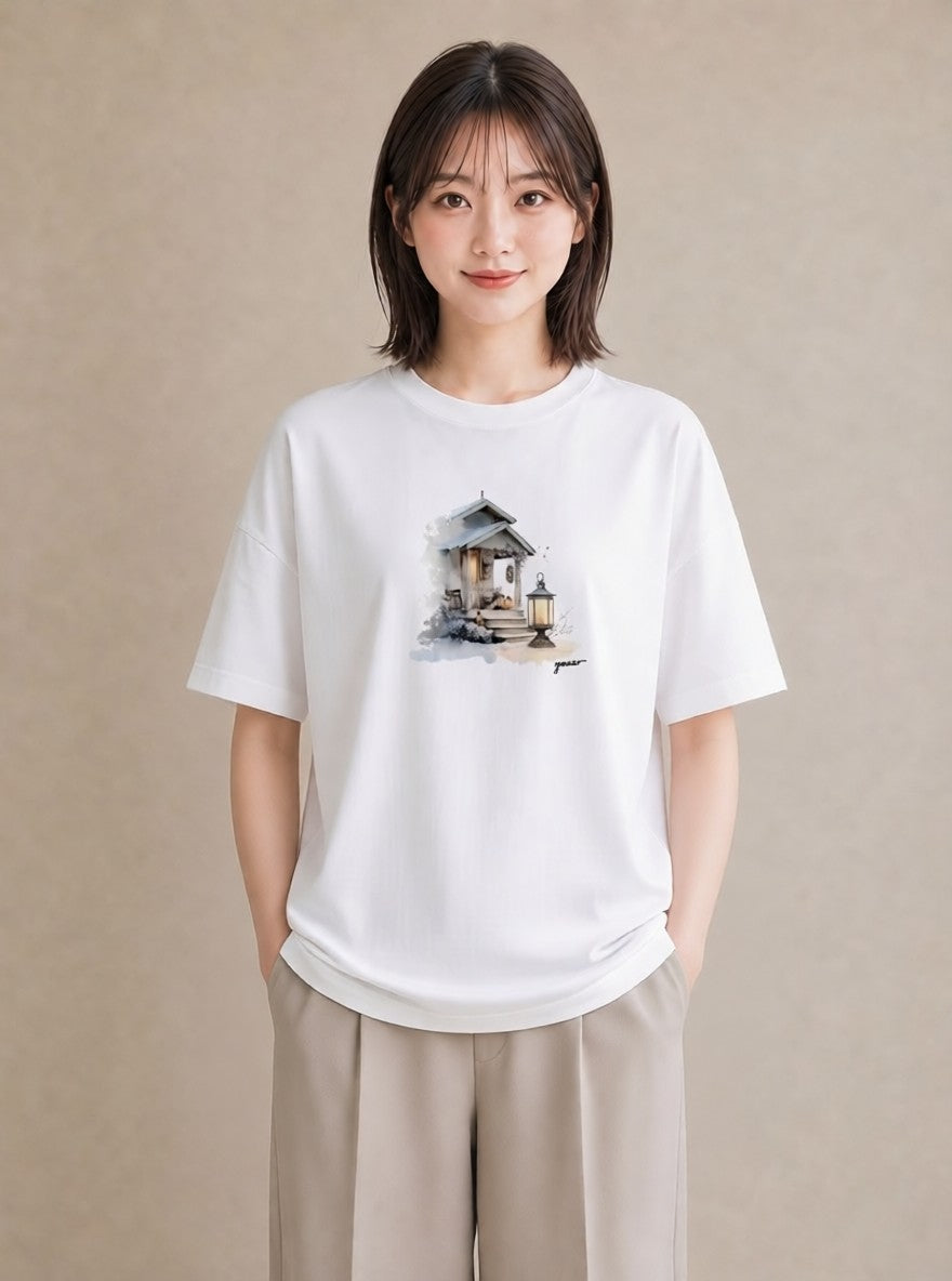 Tシャツ レディース 灯りの家 小屋 夜 ナチュラル アンティーク イラスト 可愛い 夏コーデ 通学 白T