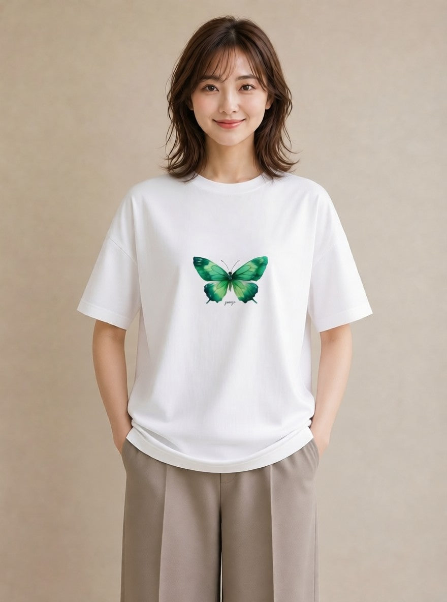 プリントTシャツ レディース ちょうちょ 蝶 バタフライ 昆虫 虫 イラスト ラフカジュアル 女性 旅行用 白T