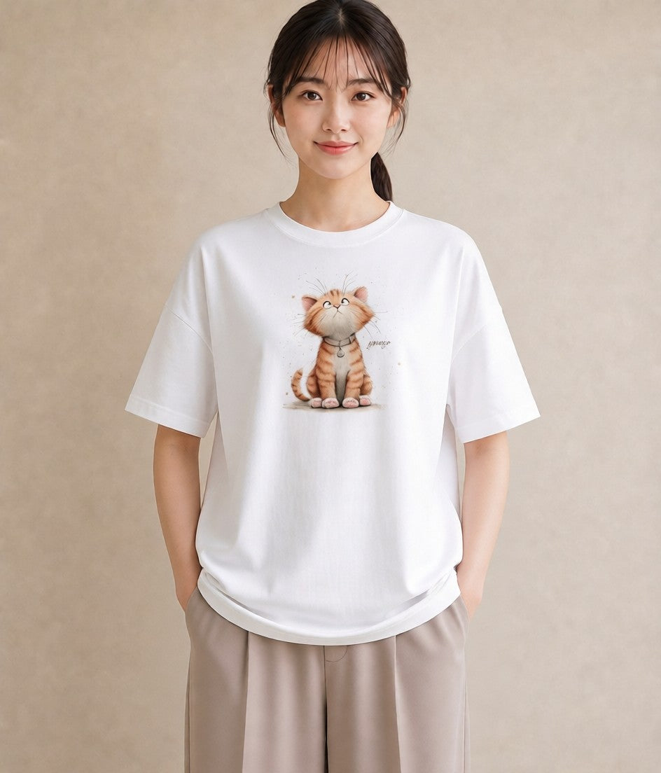 Tシャツ レディース キジトラ 猫 ねこ イラスト フェミニン お出かけ 普段着 白T