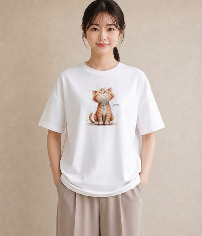 Tシャツ レディース キジトラ 猫 ねこ イラスト フェミニン お出かけ 普段着 白T