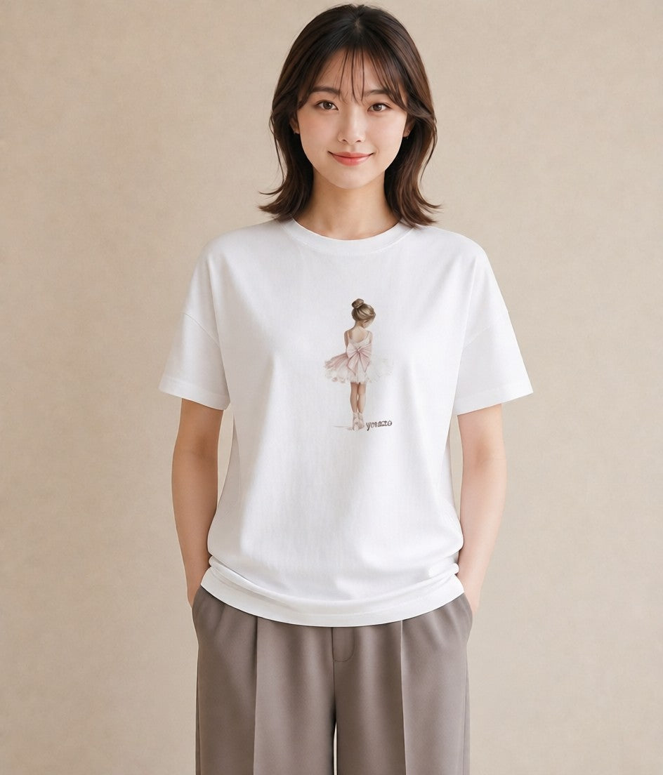 デザインTシャツ レディース バレエシューズ バレエ トウシューズ ナチュラル アンティーク イラスト 休日コーデ 自分用 ルームウェア 白T
