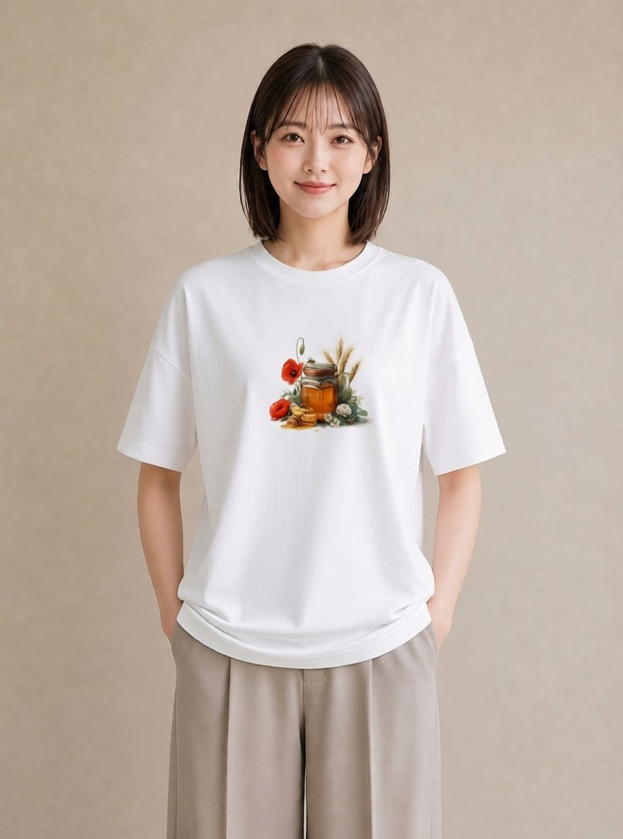 半袖Tシャツ レディース はちみつ 食べ物 フード イラスト モード 散歩 お出かけ 白T