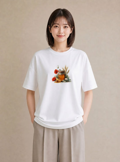 半袖Tシャツ レディース はちみつ 食べ物 フード イラスト モード 散歩 お出かけ 白T
