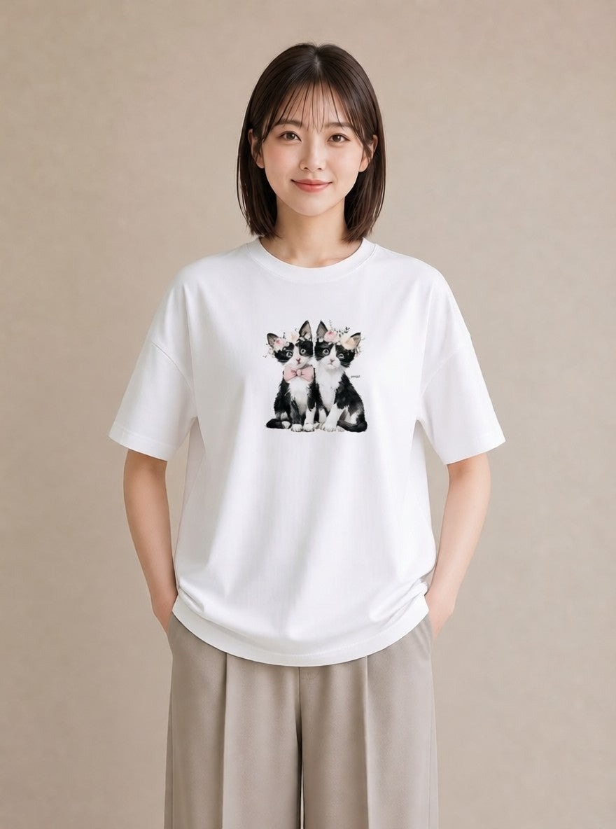デザインTシャツ レディース ハチワレ 白黒猫 猫 ねこ イラスト カフェコーデ カフェ巡り 女子会 白T