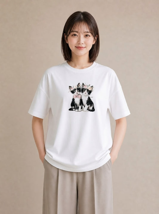 デザインTシャツ レディース ハチワレ 白黒猫 猫 ねこ イラスト カフェコーデ カフェ巡り 女子会 白T