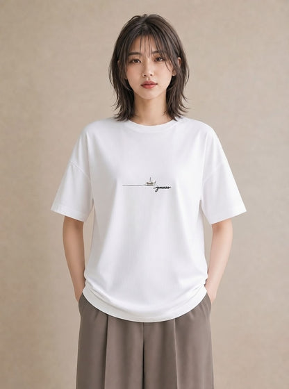 グラフィックTシャツ レディース 桟橋 水辺 波止場 ナチュラル アンティーク イラスト ポップ カジュアルコーデ 買い物 白T