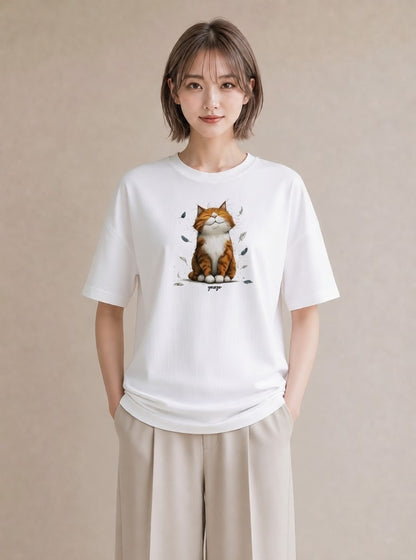 半袖Tシャツ レディース 茶トラ 茶猫 猫 ねこ イラスト シック 綿100 デート 白T