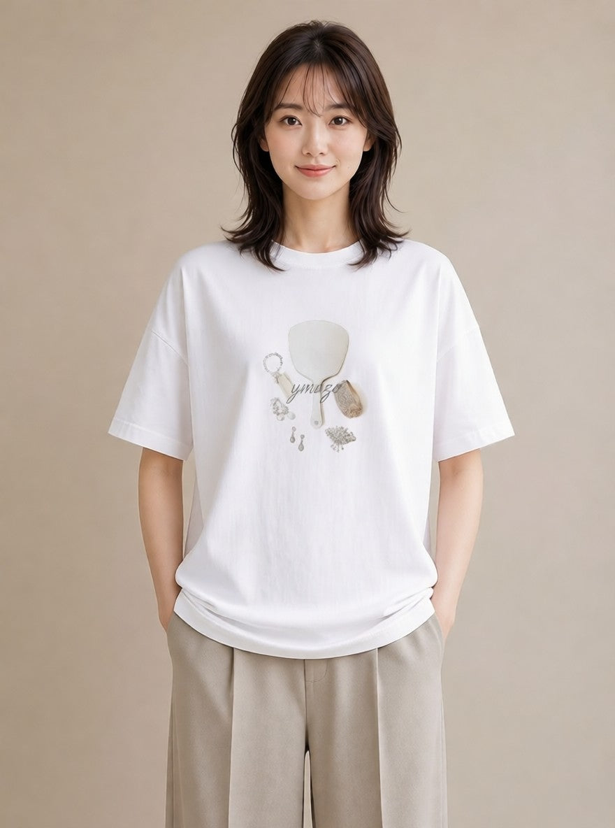 グラフィックTシャツ レディース 手鏡 アンティーク レトロ ナチュラル イラスト 北欧風 ホワイトデー 春服 白T