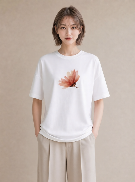 デザインTシャツ レディース コスモス 秋桜 花 花柄 イラスト ゆるかわ ミセス 春コーデ 白T