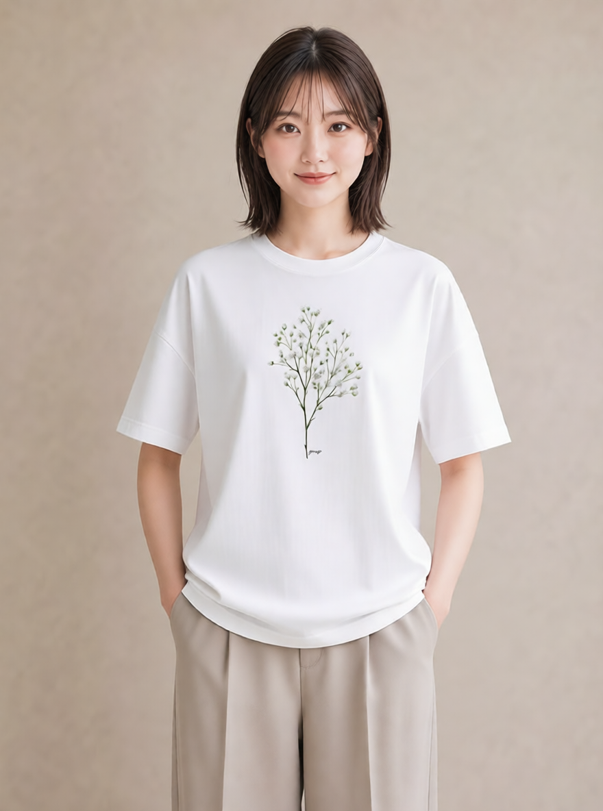 デザインTシャツ レディース カスミソウ かすみ草 花 花柄 イラスト 個性的 カジュアルコーデ 買い物 白T