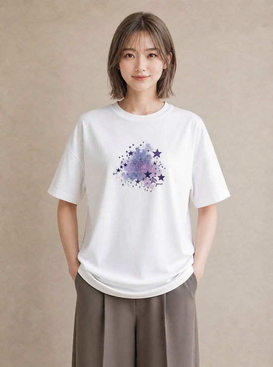Tシャツ レディース スター 星空 宇宙 イラスト フェミニン お出かけ 普段着 白T