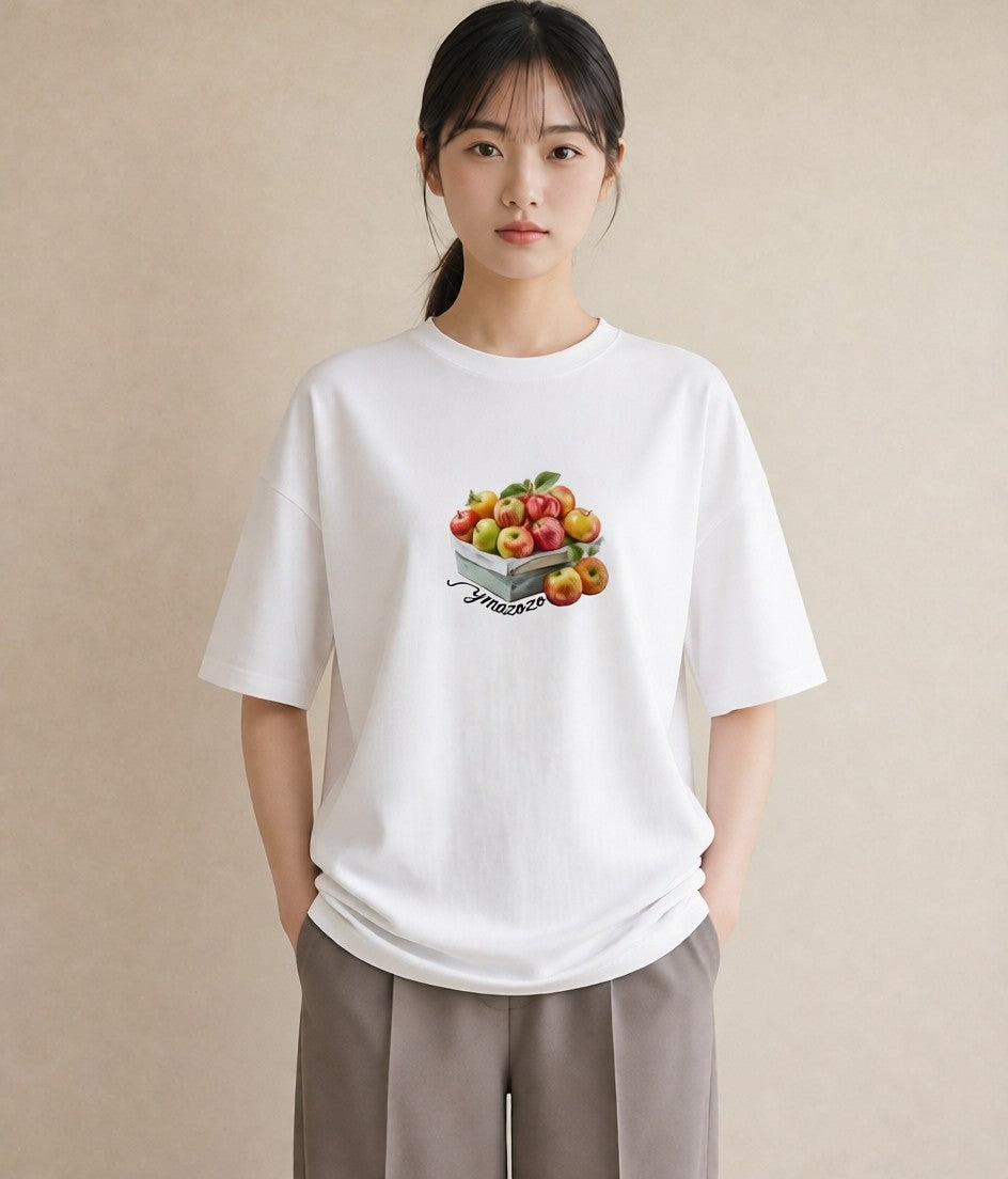 半袖Tシャツ レディース りんご 林檎 アップル 食べ物 フード イラスト こなれ感 女性 旅行用 白T