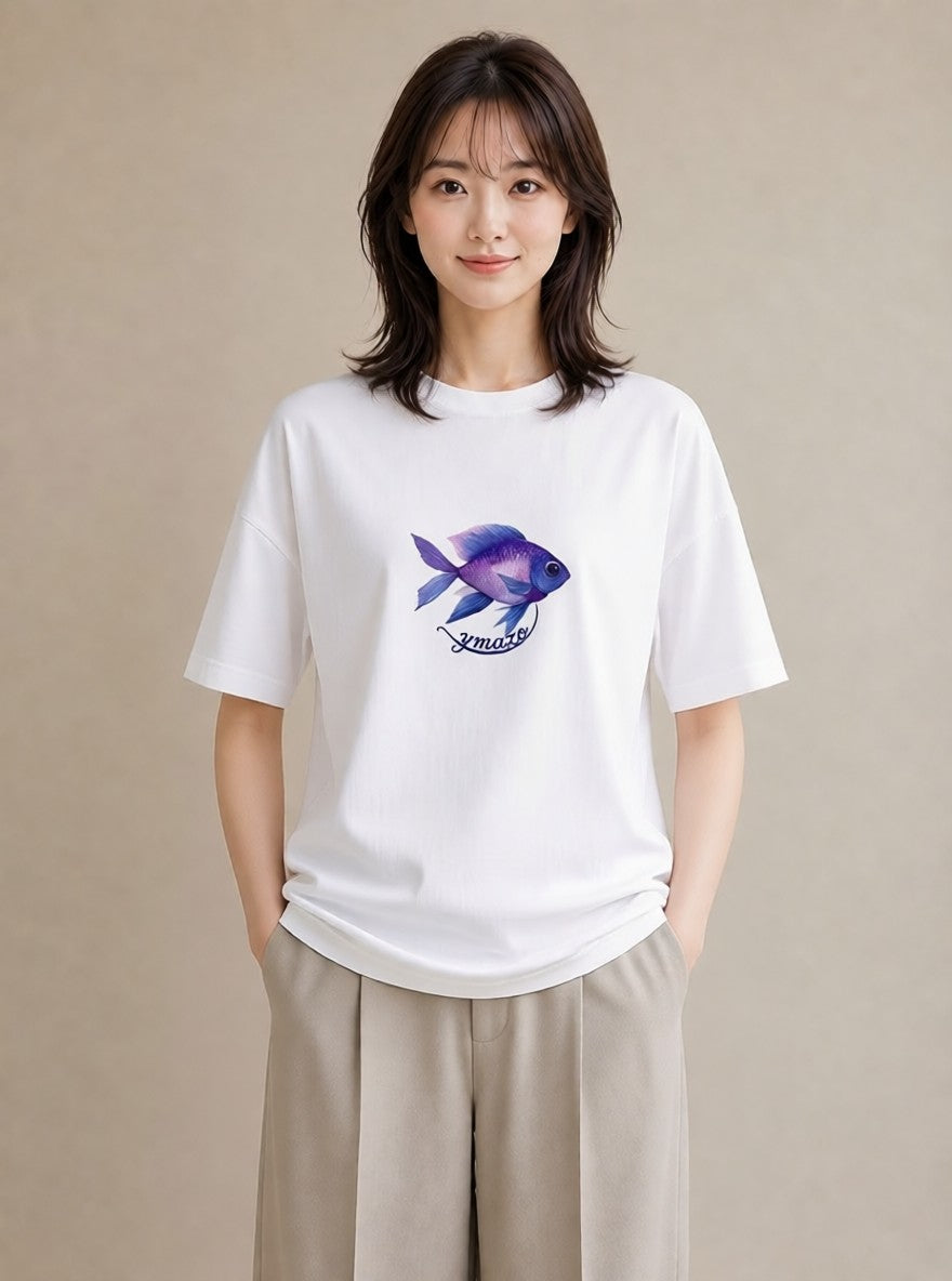 グラフィックTシャツ レディース マンボウ 海の生き物 海 イラスト シンプル 春服 ミセス 白T