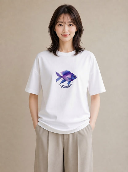 グラフィックTシャツ レディース マンボウ 海の生き物 海 イラスト シンプル 春服 ミセス 白T