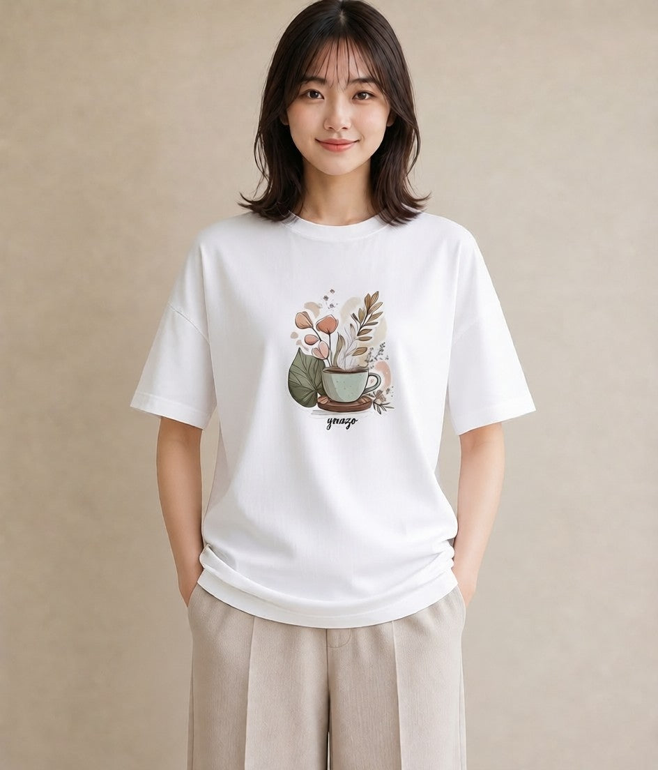 半袖Tシャツ レディース ココア 食べ物 フード イラスト 上品 ラフ レイヤード 白T