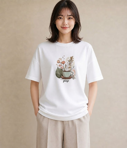 半袖Tシャツ レディース ココア 食べ物 フード イラスト 上品 ラフ レイヤード 白T