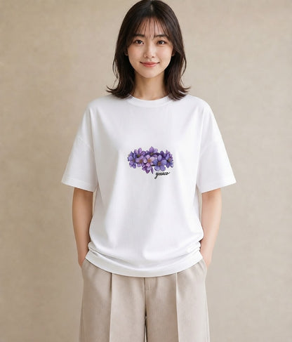 グラフィックTシャツ レディース スミレ 花 花柄 イラスト こなれ感 社会人 女性 白T