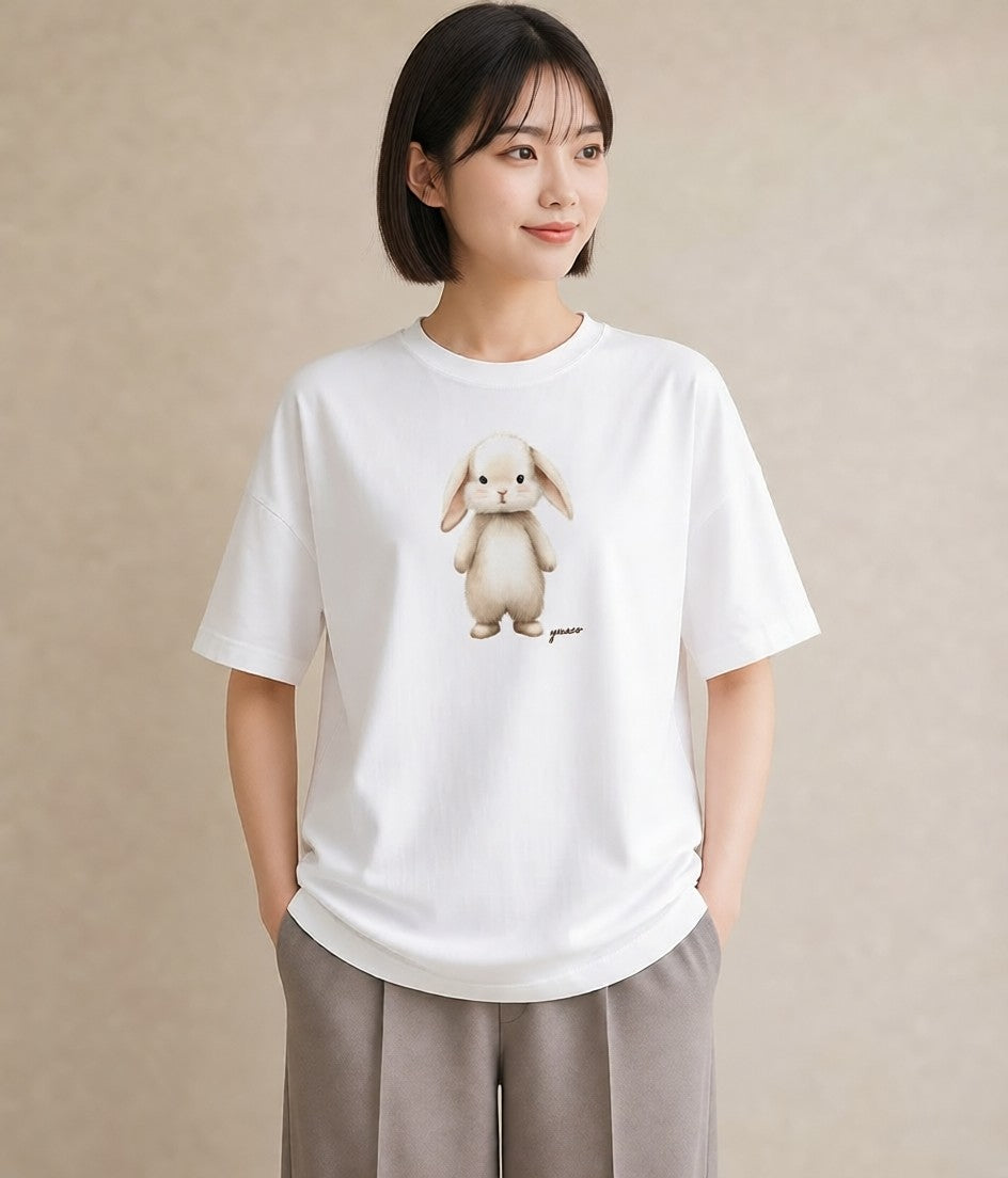 グラフィックTシャツ レディース ネザーランドドワーフ ペット 動物 イラスト ミニマル 散歩 お出かけ 白T